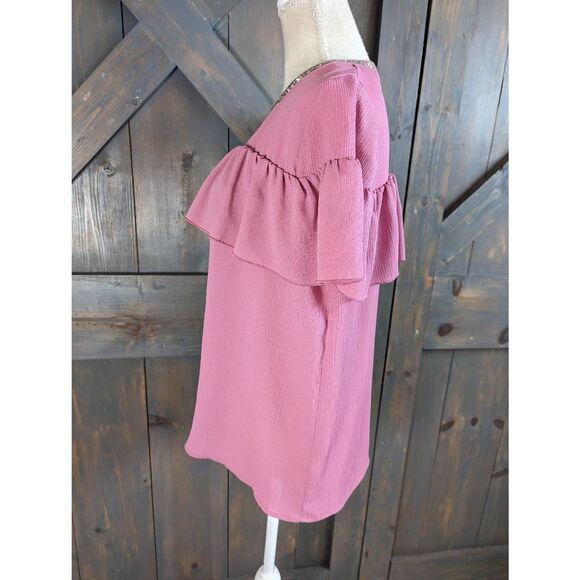 Juicy Couture Blouse Women's Medium Short Sleeve Ruffle Peephole button Back - Picture 2 of 9